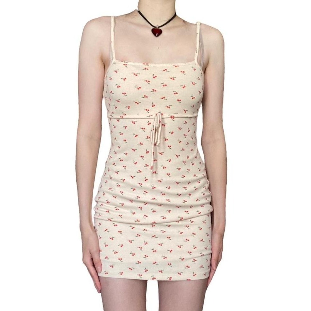 Urban Outfitters Ribbed Mini Dress Cherry Print Tie Waist Sleeveless Size M